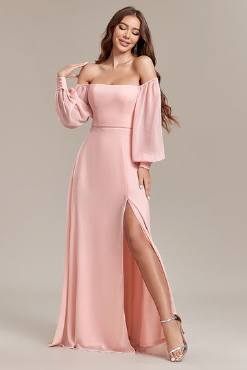 Blush A-Line Off the Shoulder Lang formel kjole med slids